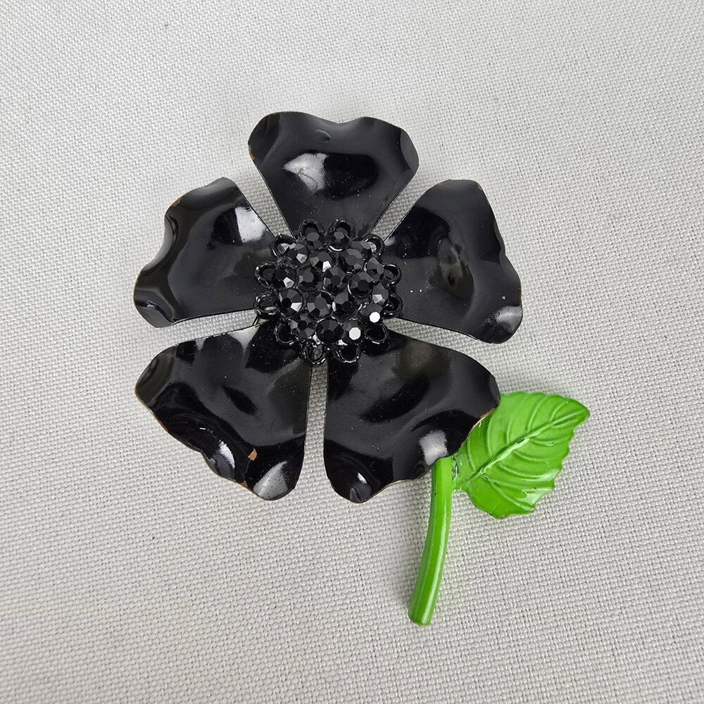 Vintage Black Enamel Flower Brooch